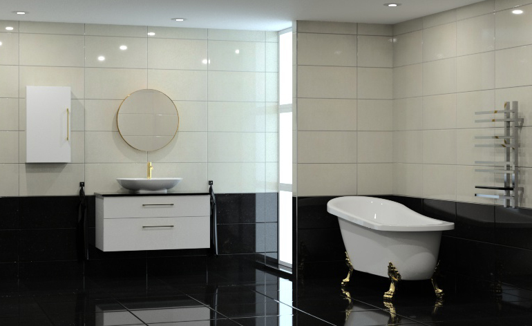 Black & White Bathroom designed with Spark Blueprint visualisation software.