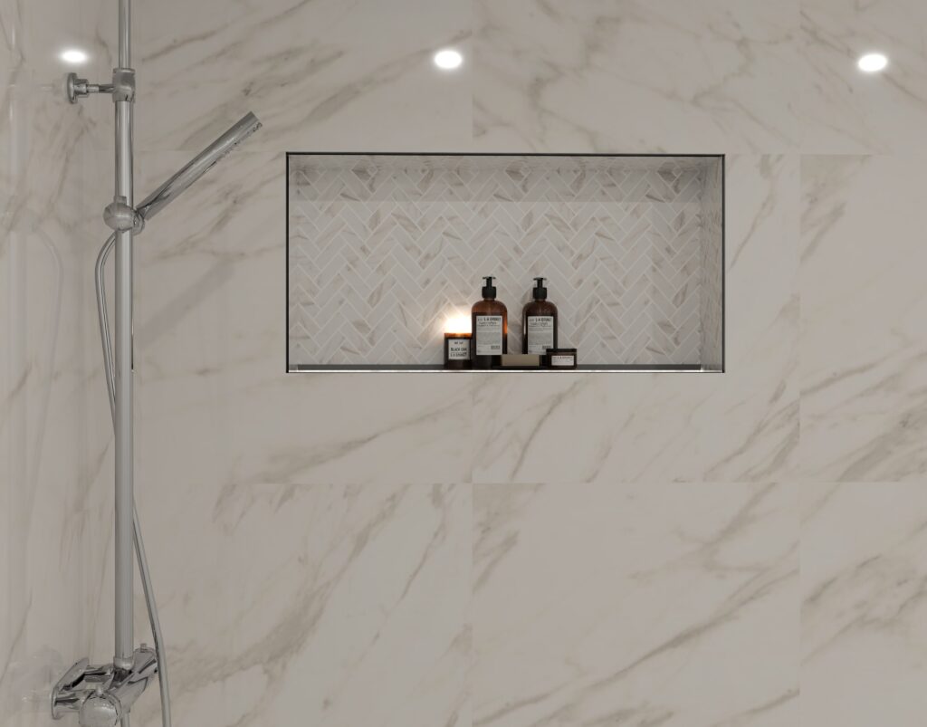 Natural Stone Tiles within a shower, designed in Spark Blueprint